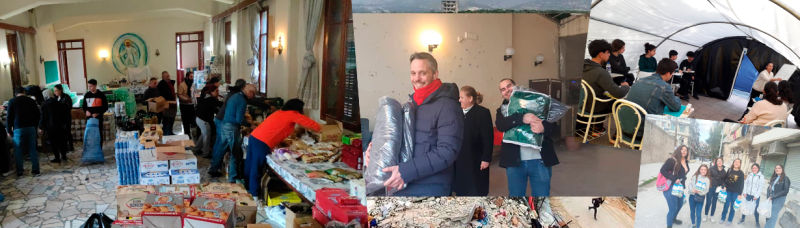 Collage der Spendensammlung und Verteilung von Hilfsgütern